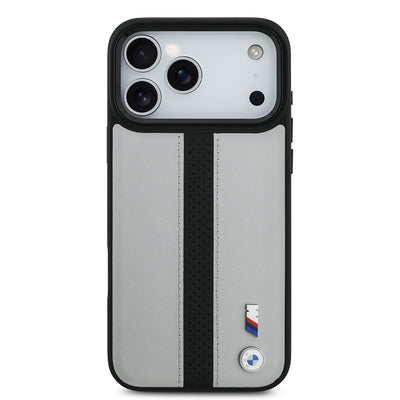 Apple iPhone 17 Pro Kılıf BMW Orjinal Lisanslı M-safe Şarj Özellikli Deri Arka Yüzey Metal Logolu Delikli Şerit Tasarımlı Kapak Mavi