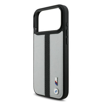 iPhone 17 Pro Kılıf BMW Orjinal Lisanslı M-safe Şarj Özellikli Deri Arka Yüzey Metal Logolu Delikli Şerit Tasarımlı Kılıf
