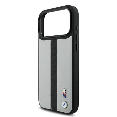 Apple iPhone 17 Pro Kılıf BMW Orjinal Lisanslı M-safe Şarj Özellikli Deri Arka Yüzey Metal Logolu Delikli Şerit Tasarımlı Kapak Mavi