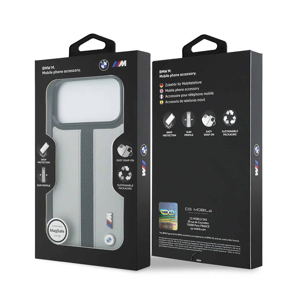 iPhone 17 Pro Kılıf BMW Orjinal Lisanslı M-safe Şarj Özellikli Deri Arka Yüzey Metal Logolu Delikli Şerit Tasarımlı Kılıf