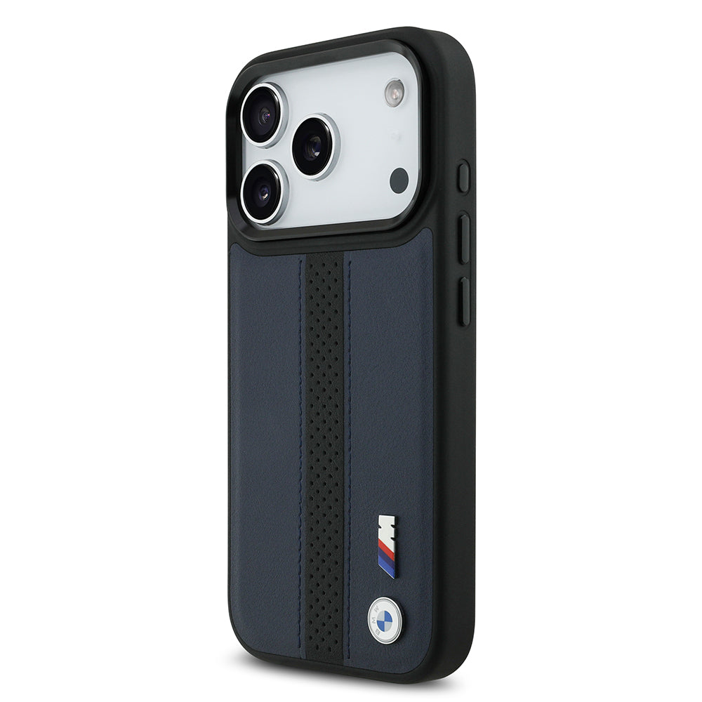 iPhone 17 Pro Kılıf BMW Orjinal Lisanslı M-safe Şarj Özellikli Deri Arka Yüzey Metal Logolu Delikli Şerit Tasarımlı Kılıf