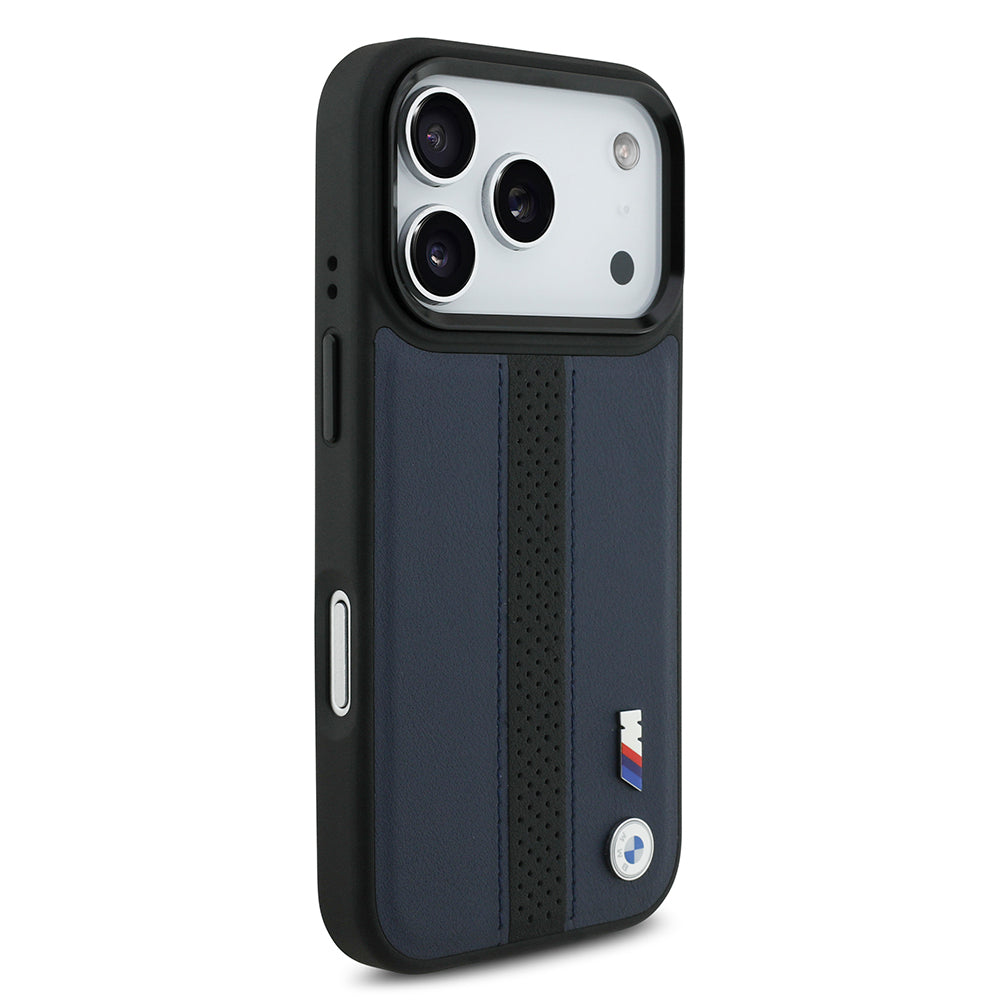 Apple iPhone 17 Pro Kılıf BMW Orjinal Lisanslı M-safe Şarj Özellikli Deri Arka Yüzey Metal Logolu Delikli Şerit Tasarımlı Kapak Mavi