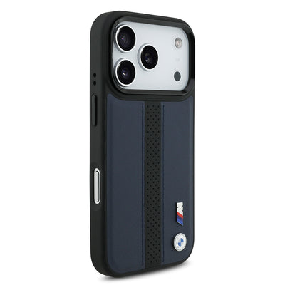 Apple iPhone 17 Pro Kılıf BMW Orjinal Lisanslı M-safe Şarj Özellikli Deri Arka Yüzey Metal Logolu Delikli Şerit Tasarımlı Kapak Mavi