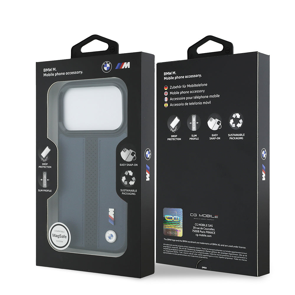 iPhone 17 Pro Kılıf BMW Orjinal Lisanslı M-safe Şarj Özellikli Deri Arka Yüzey Metal Logolu Delikli Şerit Tasarımlı Kılıf