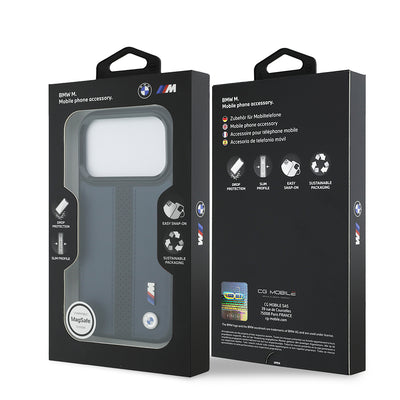 Apple iPhone 17 Pro Kılıf BMW Orjinal Lisanslı M-safe Şarj Özellikli Deri Arka Yüzey Metal Logolu Delikli Şerit Tasarımlı Kapak Mavi