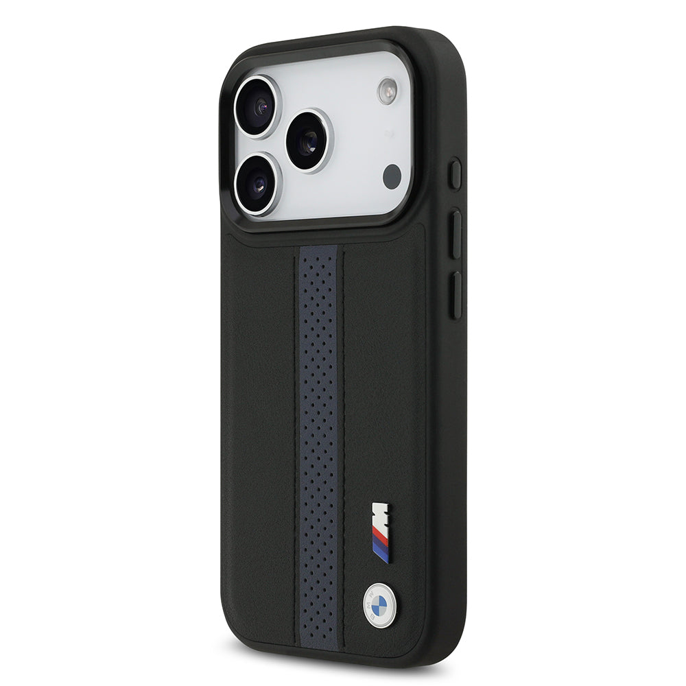 iPhone 17 Pro Kılıf BMW Orjinal Lisanslı M-safe Şarj Özellikli Deri Arka Yüzey Metal Logolu Delikli Şerit Tasarımlı Kılıf