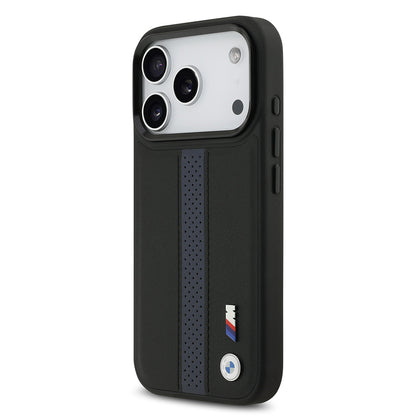 iPhone 17 Pro Kılıf BMW Orjinal Lisanslı M-safe Şarj Özellikli Deri Arka Yüzey Metal Logolu Delikli Şerit Tasarımlı Kılıf