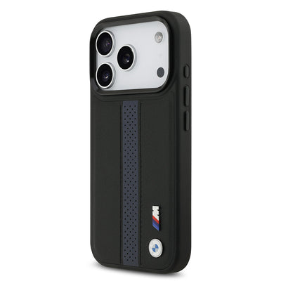 Apple iPhone 17 Pro Kılıf BMW Orjinal Lisanslı M-safe Şarj Özellikli Deri Arka Yüzey Metal Logolu Delikli Şerit Tasarımlı Kapak Mavi