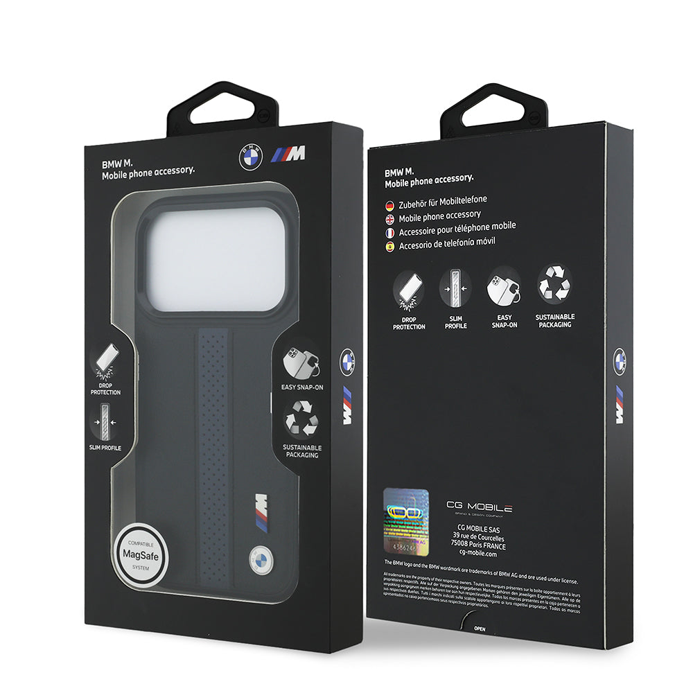 iPhone 17 Pro Kılıf BMW Orjinal Lisanslı M-safe Şarj Özellikli Deri Arka Yüzey Metal Logolu Delikli Şerit Tasarımlı Kılıf