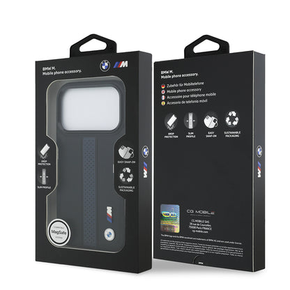 iPhone 17 Pro Kılıf BMW Orjinal Lisanslı M-safe Şarj Özellikli Deri Arka Yüzey Metal Logolu Delikli Şerit Tasarımlı Kılıf