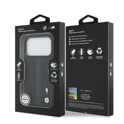 Apple iPhone 17 Pro Kılıf BMW Orjinal Lisanslı M-safe Şarj Özellikli Deri Arka Yüzey Metal Logolu Delikli Şerit Tasarımlı Kapak Mavi