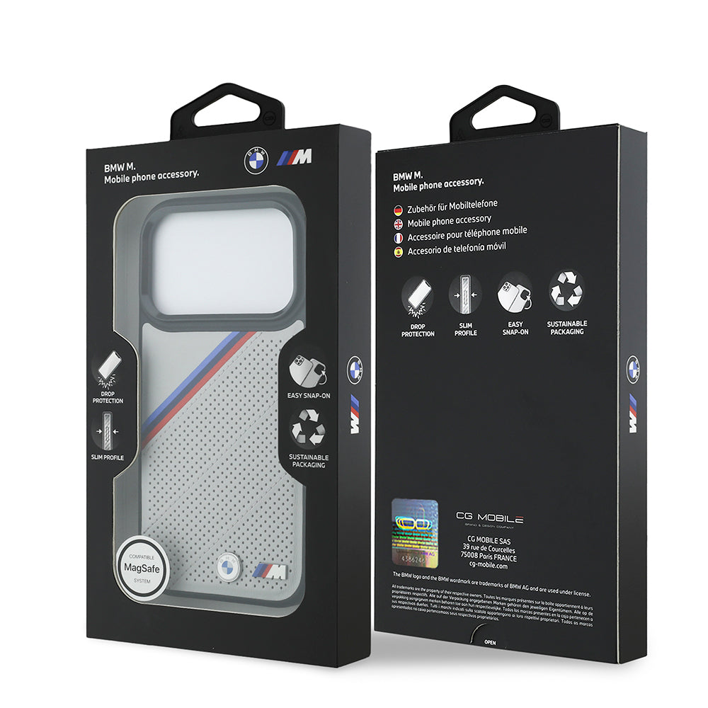 iPhone 17 Pro Kılıf BMW Orjinal Lisanslı M-safe Şarj Özellikli M Logolu Üç Şeritli Delikli Deri Kılıf