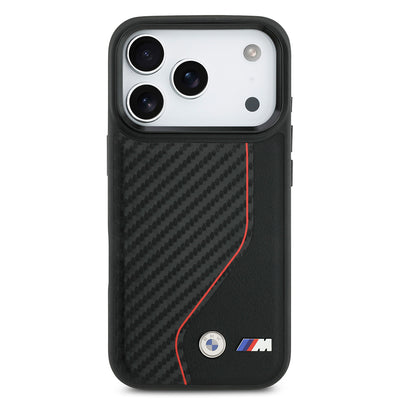 Apple iPhone 17 Pro Kılıf BMW Orjinal Lisanslı M-safe Şarj Özellikli Metal BMW ve M Logolu PU Karbon Tasarımlı Kapak Kırmızı