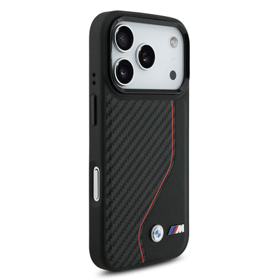 Apple iPhone 17 Pro Kılıf BMW Orjinal Lisanslı M-safe Şarj Özellikli Metal BMW ve M Logolu PU Karbon Tasarımlı Kapak Kırmızı