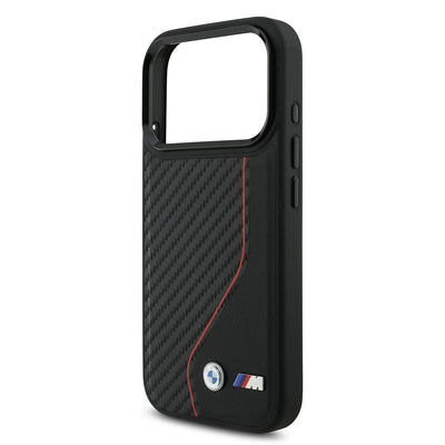 Apple iPhone 17 Pro Kılıf BMW Orjinal Lisanslı M-safe Şarj Özellikli Metal BMW ve M Logolu PU Karbon Tasarımlı Kapak Kırmızı