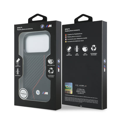 Apple iPhone 17 Pro Kılıf BMW Orjinal Lisanslı M-safe Şarj Özellikli Metal BMW ve M Logolu PU Karbon Tasarımlı Kapak Kırmızı