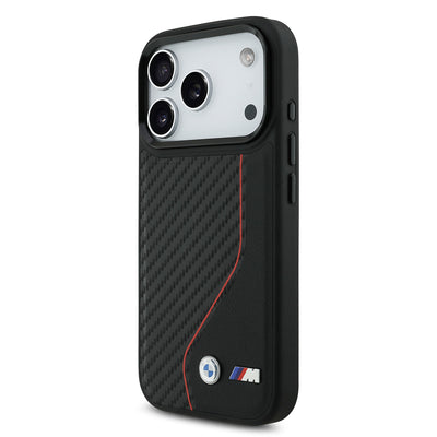 Apple iPhone 17 Pro Kılıf BMW Orjinal Lisanslı M-safe Şarj Özellikli Metal BMW ve M Logolu PU Karbon Tasarımlı Kapak Kırmızı
