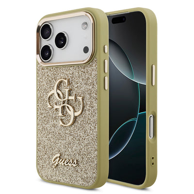 Apple iPhone 17 Pro Kılıf Guess Orjinal Lisanslı 4G Büyük Metal Kamera Çerçeveli ve Logolu Glitter Kapak Gri