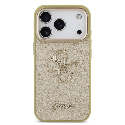 Apple iPhone 17 Pro Kılıf Guess Orjinal Lisanslı 4G Büyük Metal Kamera Çerçeveli ve Logolu Glitter Kapak Gri