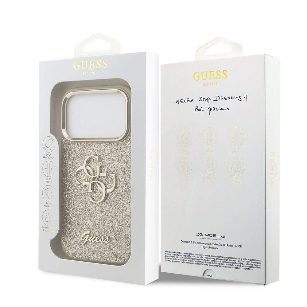 iPhone 17 Pro Kılıf Guess Orjinal Lisanslı 4G Büyük Metal Kamera Çerçeveli ve Logolu Glitter Kılıf