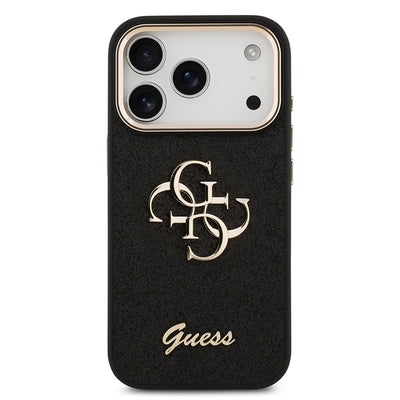 Apple iPhone 17 Pro Kılıf Guess Orjinal Lisanslı 4G Büyük Metal Kamera Çerçeveli ve Logolu Glitter Kapak Siyah
