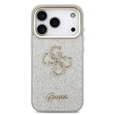 Apple iPhone 17 Pro Kılıf Guess Orjinal Lisanslı 4G Büyük Metal Kamera Çerçeveli ve Logolu Glitter Kapak Gri