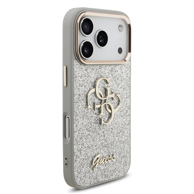 Apple iPhone 17 Pro Kılıf Guess Orjinal Lisanslı 4G Büyük Metal Kamera Çerçeveli ve Logolu Glitter Kapak Gri