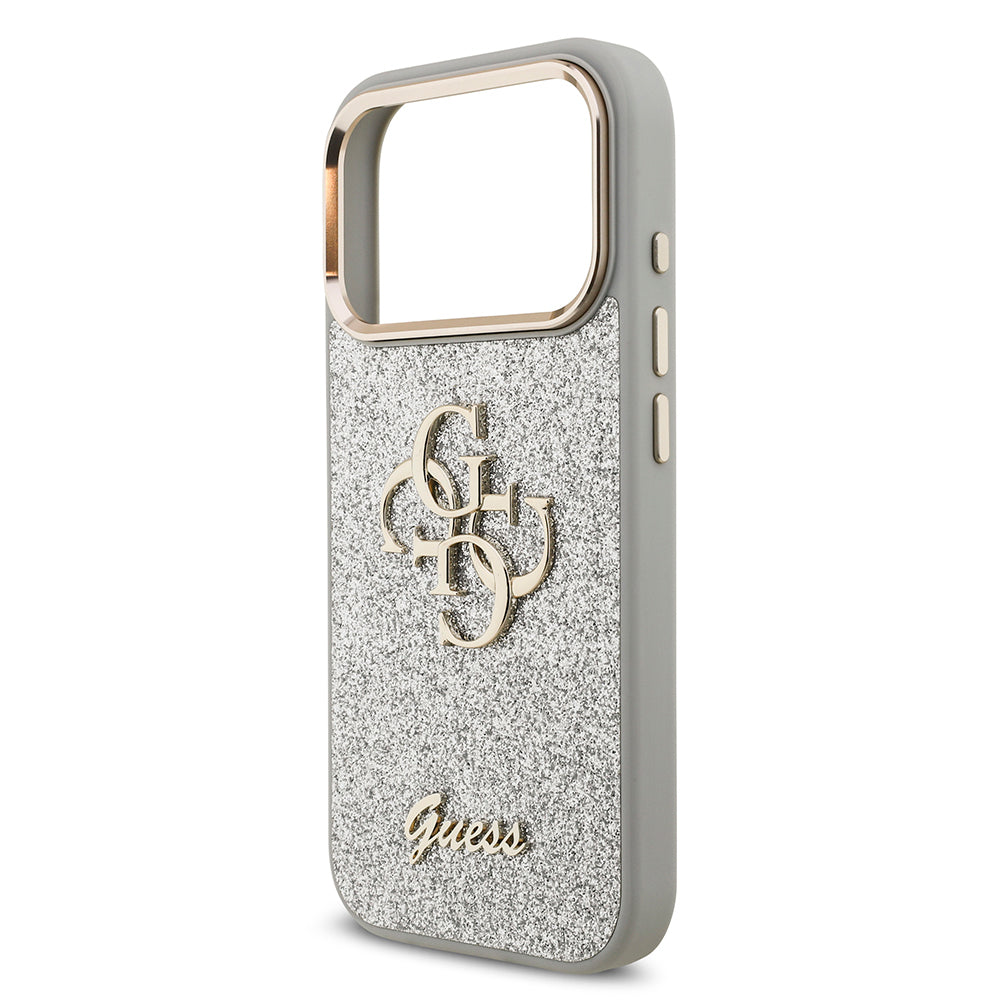 Apple iPhone 17 Pro Kılıf Guess Orjinal Lisanslı 4G Büyük Metal Kamera Çerçeveli ve Logolu Glitter Kapak Gri