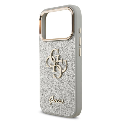 Apple iPhone 17 Pro Kılıf Guess Orjinal Lisanslı 4G Büyük Metal Kamera Çerçeveli ve Logolu Glitter Kapak Gold