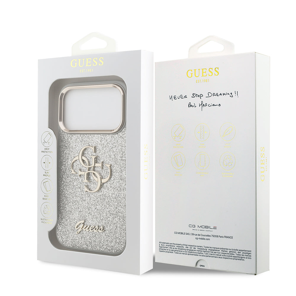 iPhone 17 Pro Kılıf Guess Orjinal Lisanslı 4G Büyük Metal Kamera Çerçeveli ve Logolu Glitter Kılıf