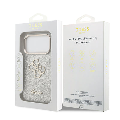 Apple iPhone 17 Pro Kılıf Guess Orjinal Lisanslı 4G Büyük Metal Kamera Çerçeveli ve Logolu Glitter Kapak Pembe