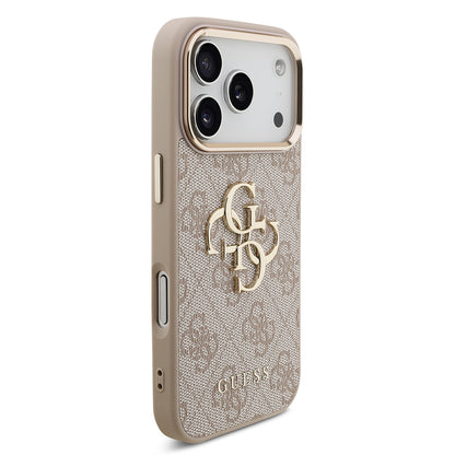 iPhone 17 Pro Kılıf Guess Orjinal Lisanslı Gold Metal Kamera Çerçeveli 4G Desenli Metal Büyük 4G ve Yazı Logolu Kılıf