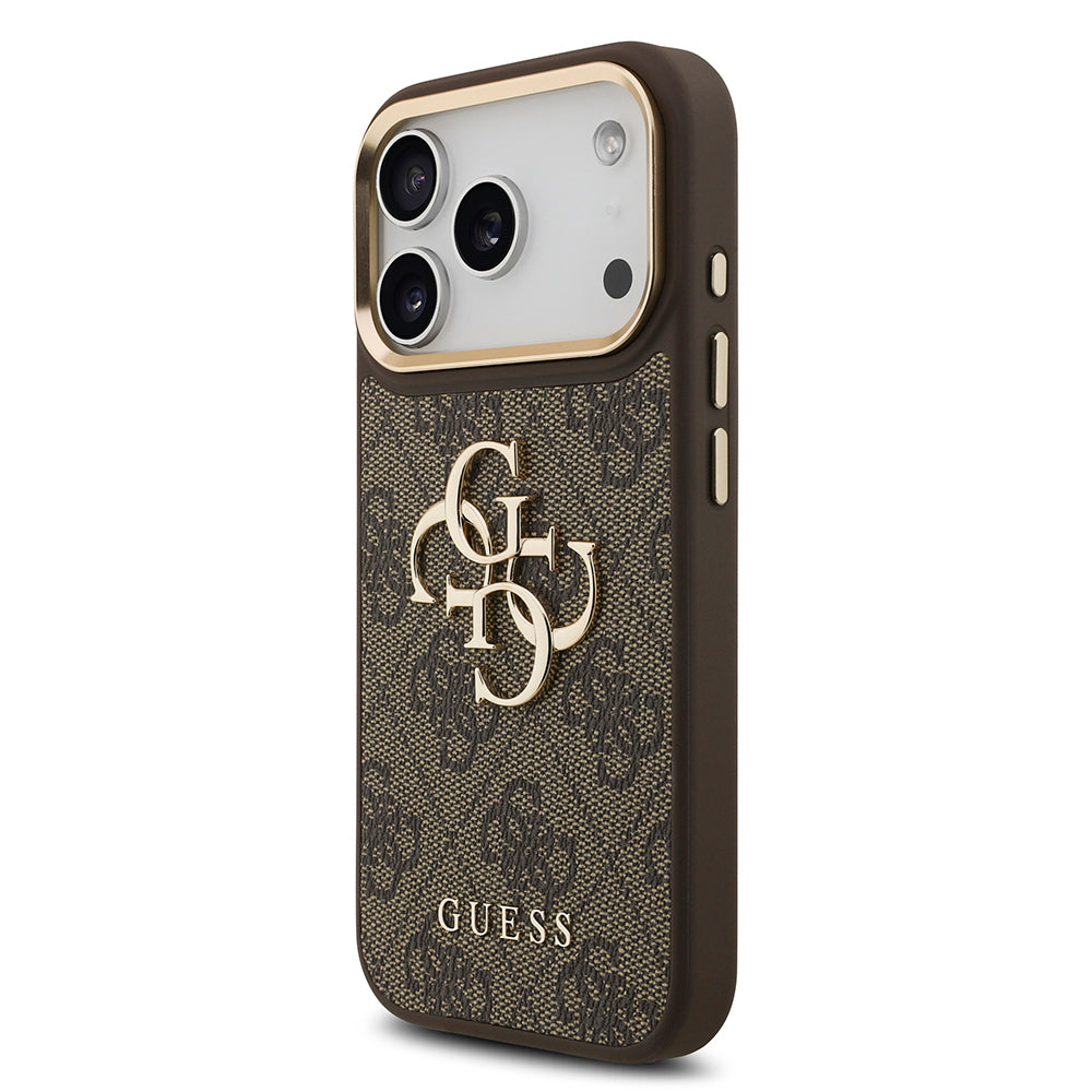 iPhone 17 Pro Kılıf Guess Orjinal Lisanslı Gold Metal Kamera Çerçeveli 4G Desenli Metal Büyük 4G ve Yazı Logolu Kılıf