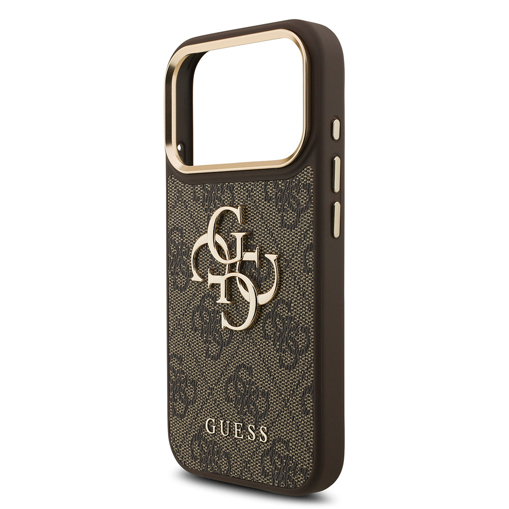 iPhone 17 Pro Kılıf Guess Orjinal Lisanslı Gold Metal Kamera Çerçeveli 4G Desenli Metal Büyük 4G ve Yazı Logolu Kılıf