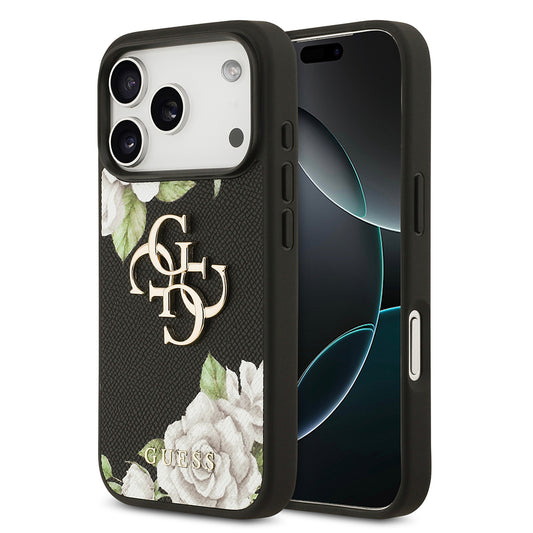 iPhone 17 Pro Kılıf Guess Orjinal Lisanslı Gül Baskılı Büyük Metal Logo Dizaynlı Kılıf