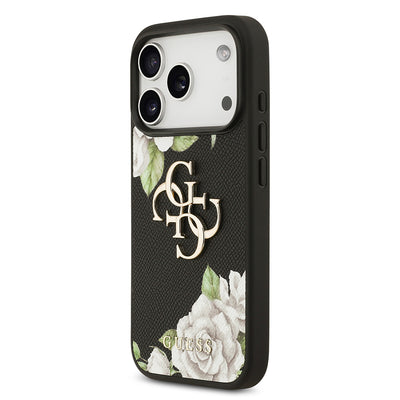 Apple iPhone 17 Pro Kılıf Guess Orjinal Lisanslı Gül Baskılı Büyük Metal Logo Dizaynlı Kapak Siyah
