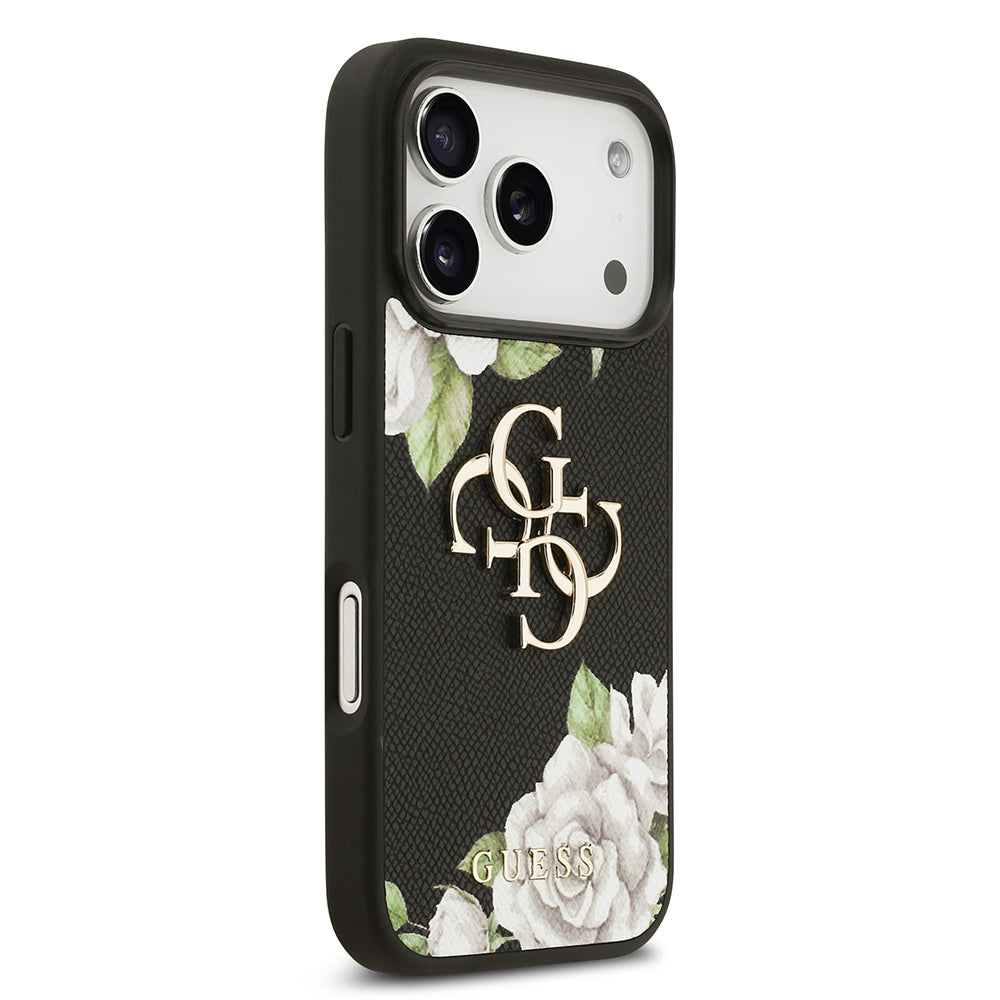 Apple iPhone 17 Pro Kılıf Guess Orjinal Lisanslı Gül Baskılı Büyük Metal Logo Dizaynlı Kapak Siyah