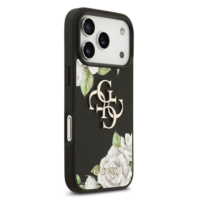 Apple iPhone 17 Pro Kılıf Guess Orjinal Lisanslı Gül Baskılı Büyük Metal Logo Dizaynlı Kapak Siyah