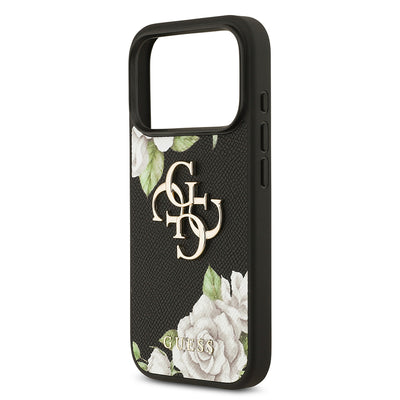 Apple iPhone 17 Pro Kılıf Guess Orjinal Lisanslı Gül Baskılı Büyük Metal Logo Dizaynlı Kapak Siyah
