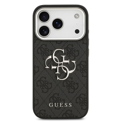 iPhone 17 Pro Kılıf Guess Orjinal Lisanslı Gümüş Metal Kamera Çerçeveli 4G Desenli Metal Büyük 4G ve Yazı Logolu Kılıf