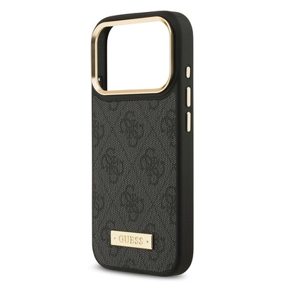 Apple iPhone 17 Pro Kılıf Guess Orjinal Lisanslı M-safe Şarj Özellikli 4G Desenli PU Metal Plaka Klasik Logolu Kapak Pembe