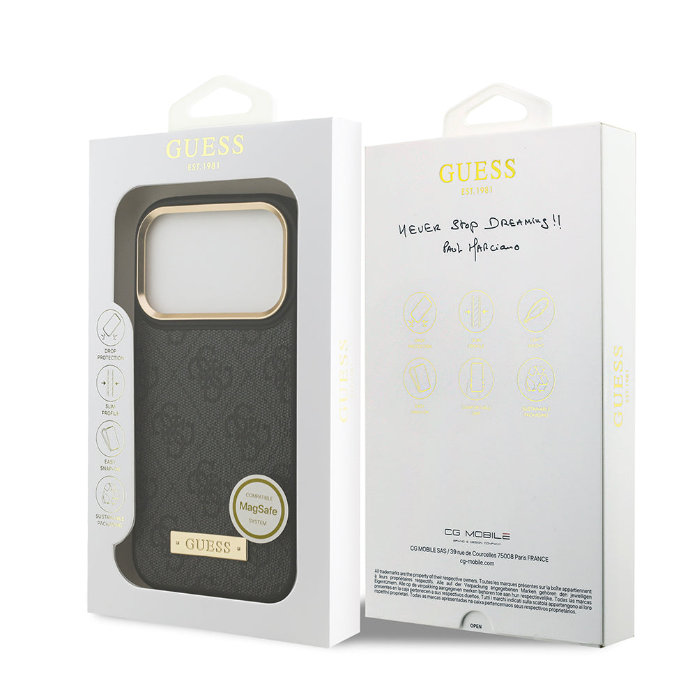 iPhone 17 Pro Kılıf Guess Orjinal Lisanslı M-safe Şarj Özellikli 4G Desenli PU Metal Plaka Klasik Logolu Kılıf