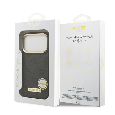 Apple iPhone 17 Pro Kılıf Guess Orjinal Lisanslı M-safe Şarj Özellikli 4G Desenli PU Metal Plaka Klasik Logolu Kapak Pembe