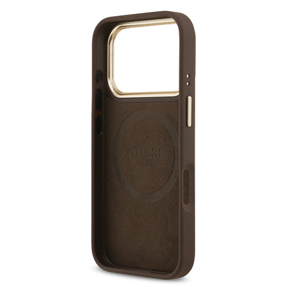 iPhone 17 Pro Kılıf Guess Orjinal Lisanslı M-safe Şarj Özellikli 4G Desenli PU Metal Plaka Klasik Logolu Kılıf