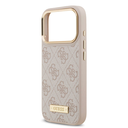 iPhone 17 Pro Kılıf Guess Orjinal Lisanslı M-safe Şarj Özellikli 4G Desenli PU Metal Plaka Klasik Logolu Kılıf