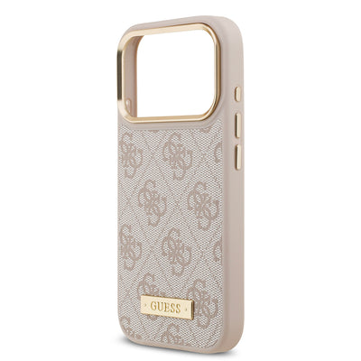 Apple iPhone 17 Pro Kılıf Guess Orjinal Lisanslı M-safe Şarj Özellikli 4G Desenli PU Metal Plaka Klasik Logolu Kapak Siyah