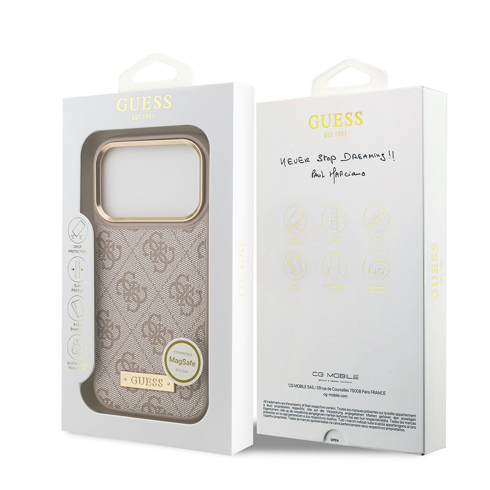 iPhone 17 Pro Kılıf Guess Orjinal Lisanslı M-safe Şarj Özellikli 4G Desenli PU Metal Plaka Klasik Logolu Kılıf