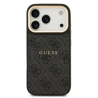 iPhone 17 Pro Kılıf Guess Orjinal Lisanslı M-safe Şarj Özellikli Gold Metal Kamera Çerçeveli PU Deri 4G Desenli Yazı Logolu Kılıf