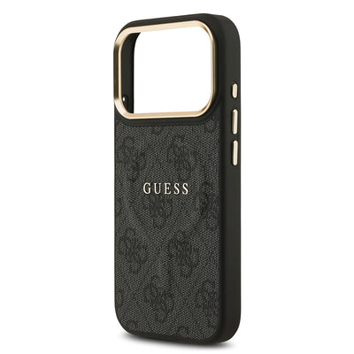 Apple iPhone 17 Pro Kılıf Guess Orjinal Lisanslı M-safe Şarj Özellikli Gold Metal Kamera Çerçeveli PU Deri 4G Desenli Yazı Logolu Kapak Kahverengi