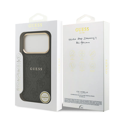 Apple iPhone 17 Pro Kılıf Guess Orjinal Lisanslı M-safe Şarj Özellikli Gold Metal Kamera Çerçeveli PU Deri 4G Desenli Yazı Logolu Kapak Kahverengi